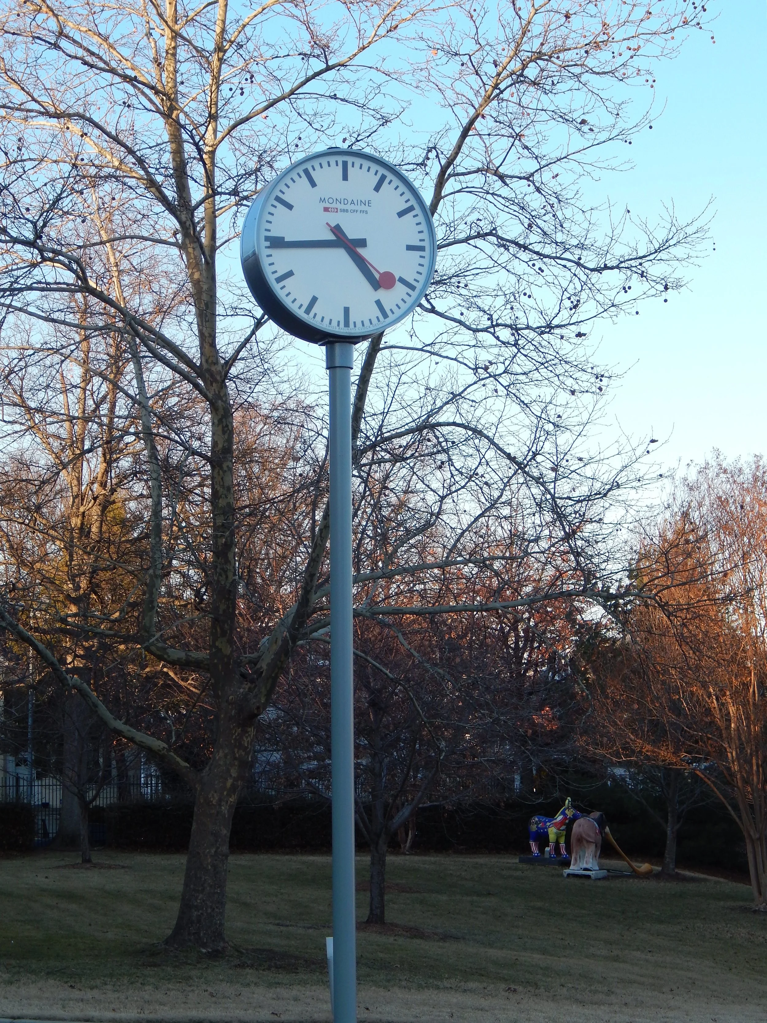 A traditional Swiss clock, similar to the one at Zurich HB, adorns the drive of the ambassador's residence. Photo by Diplomatica Global Media.