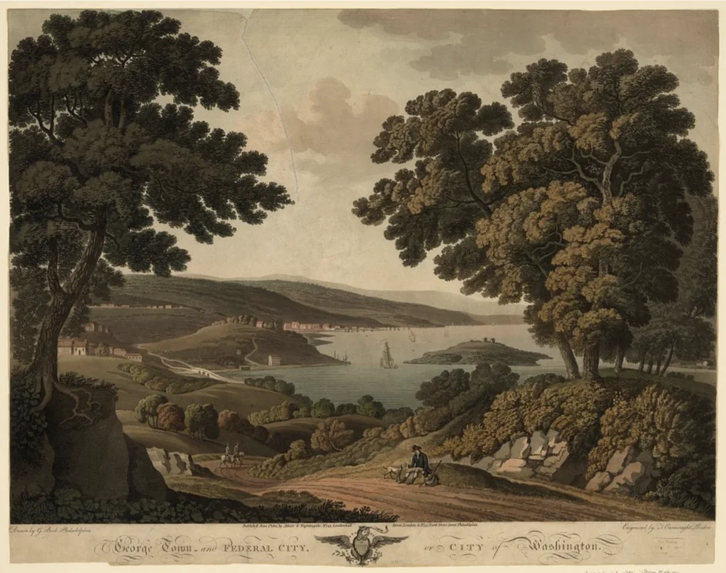 A sepia-toned historical image of the farmlands and rivers of Washington DC before it was a capital city. Lush trees adorn hilly river banks in verdant fields.