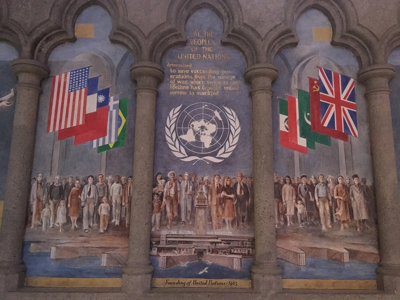 Murals at the Grace Cathedral in Nob Hill note the city's role in the founding of the United Nations. Photo by Diplomatica Global Media.