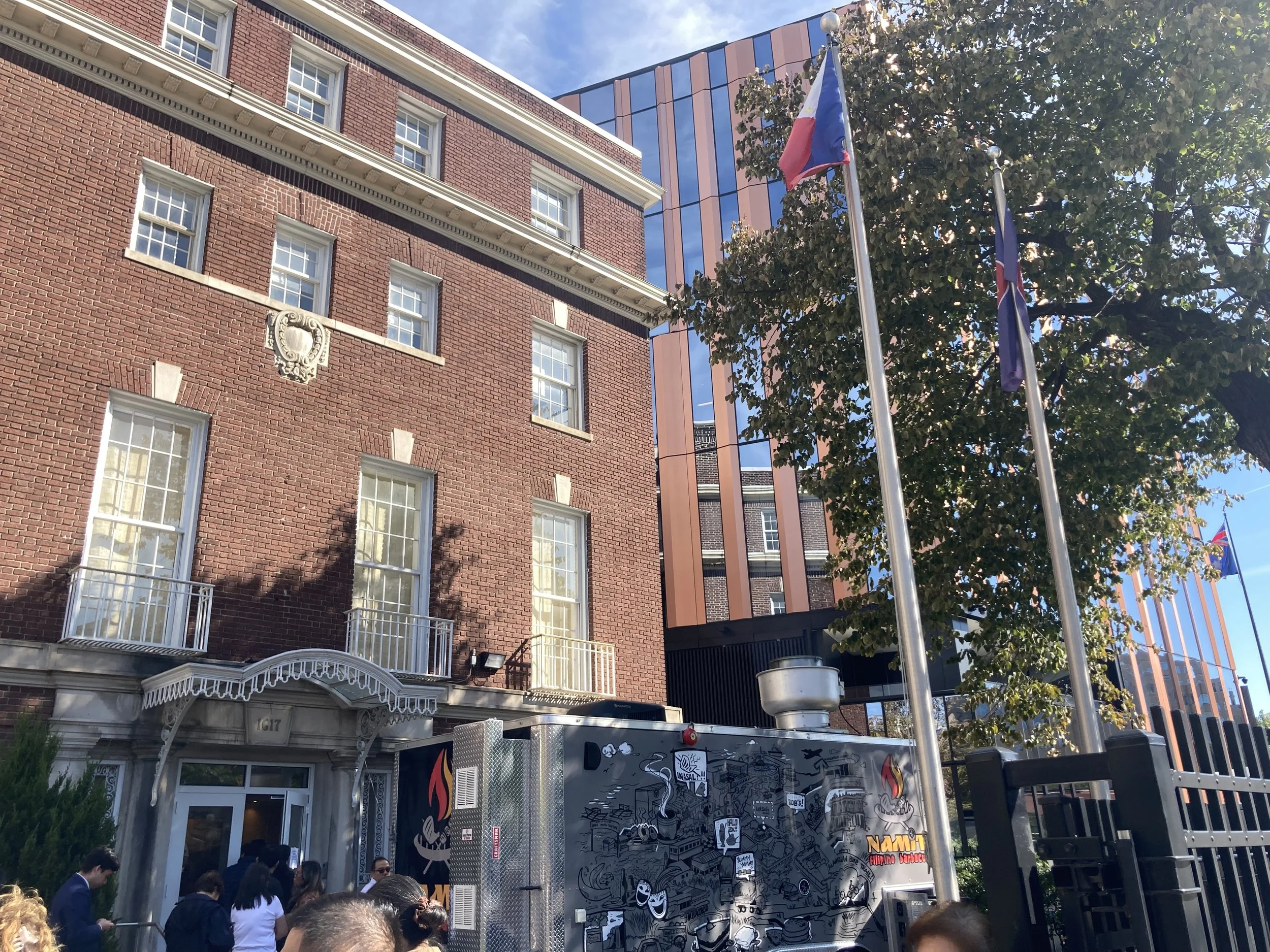  A food truck serving Filipino food greeted guests to the embassy who were there for a flu shot, exhibition opening, consular services, and more. Photo by Diplomatica Global Media.  