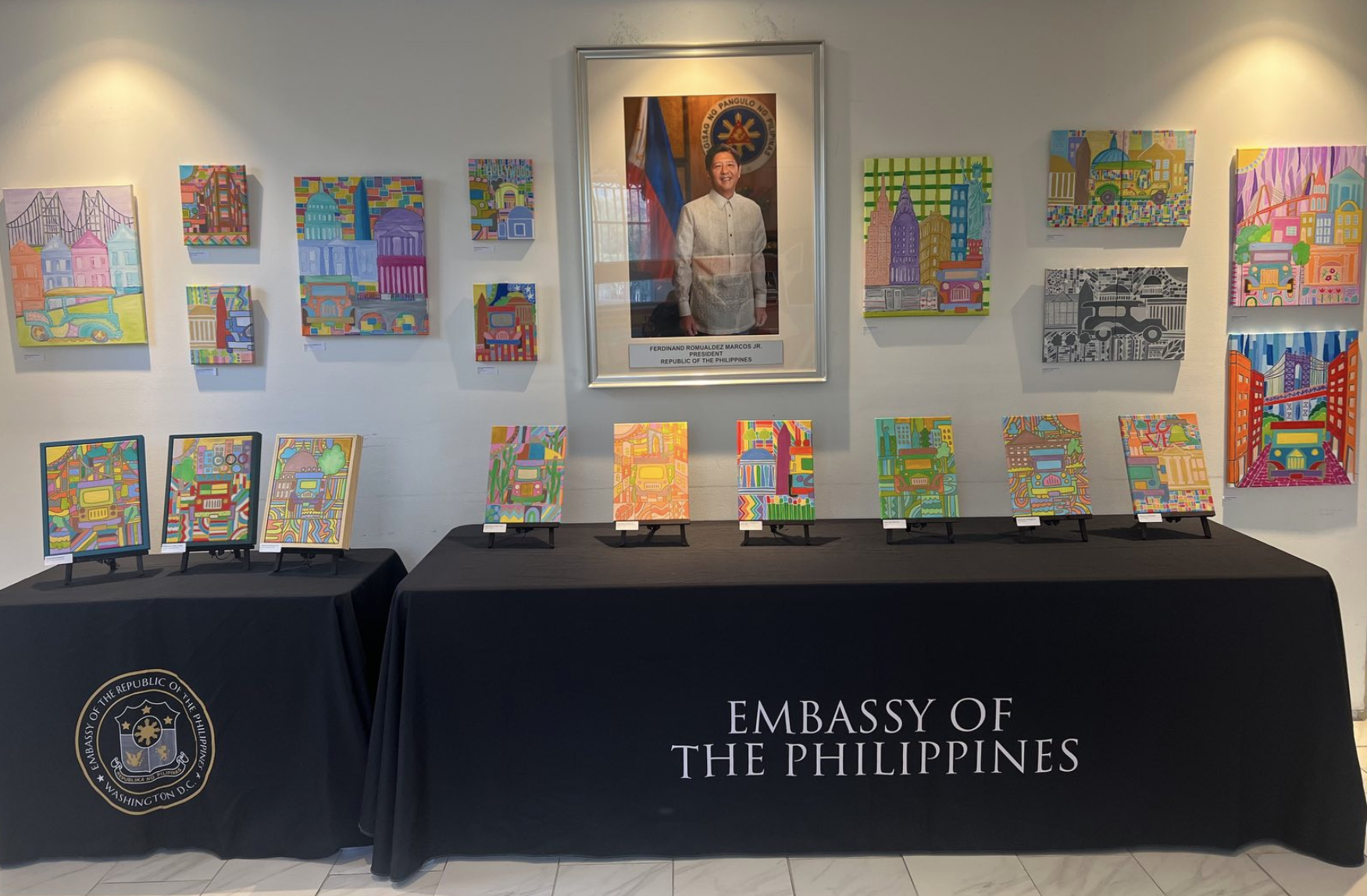   An art exhibit explores the history of the Jeepney, convertes from U.S. surplus military jeeps used during World War II into civilian passenger vehicles that became a major means of public transport in the Philippines. Photo courtesy of the embassy.  