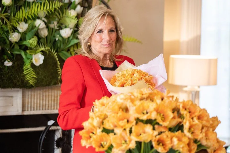 First Lady Jill Biden accepts the tulip named for her at the Dutch Ambassador’s residence. Photo courtesy of the Netherlands Embassy.
