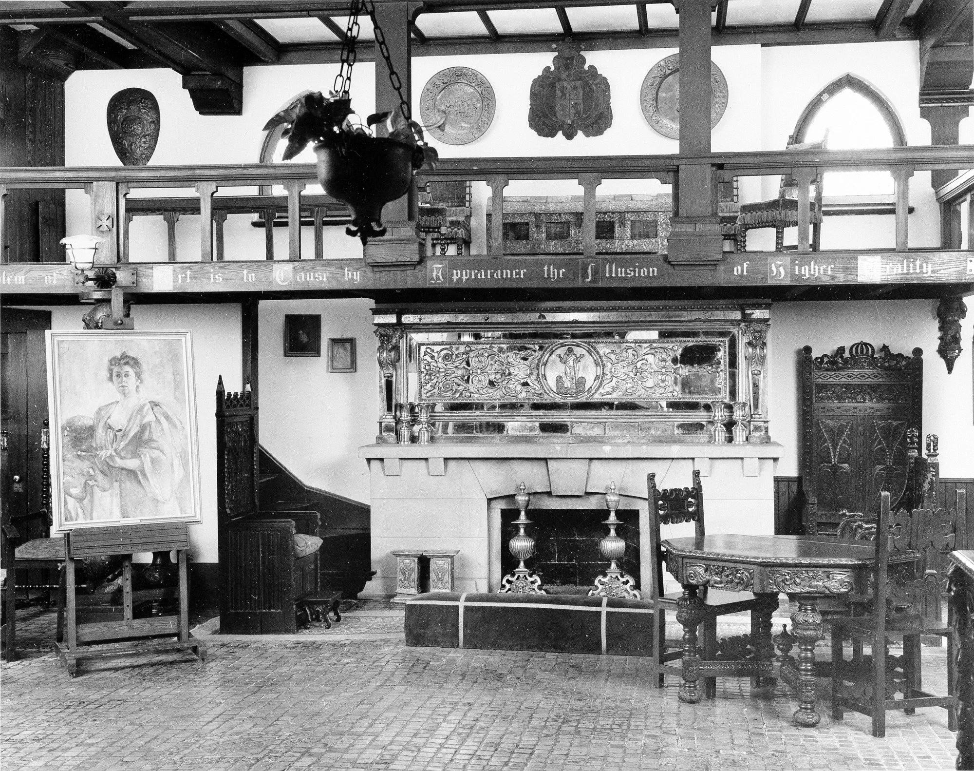 The stage and balcony in the reception area of the Alice Pike Barney house, now the Embassy of Latvia. Photo courtesy of the Smithsonian Archives.