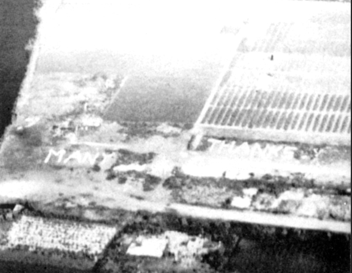 Dutch people spell out “Many Thanks” in tulips during a humanitarian food drop in Nazi-occupied areas during the final days of World War II. Photo origin unknown.