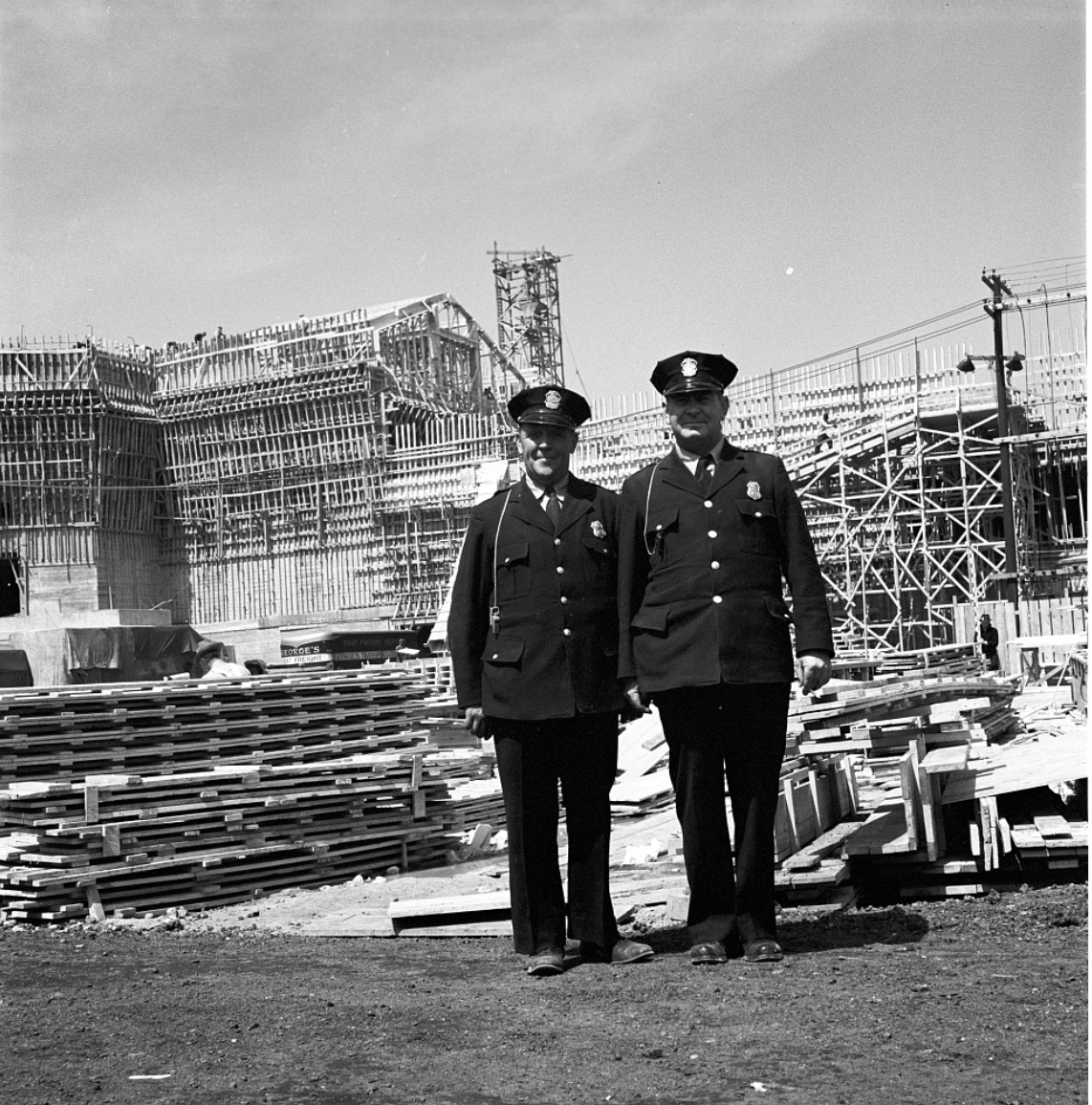 Two policemen pose in front of the Pentagon’s construction site in 1941. Photo courtesy of the Library of Congress.