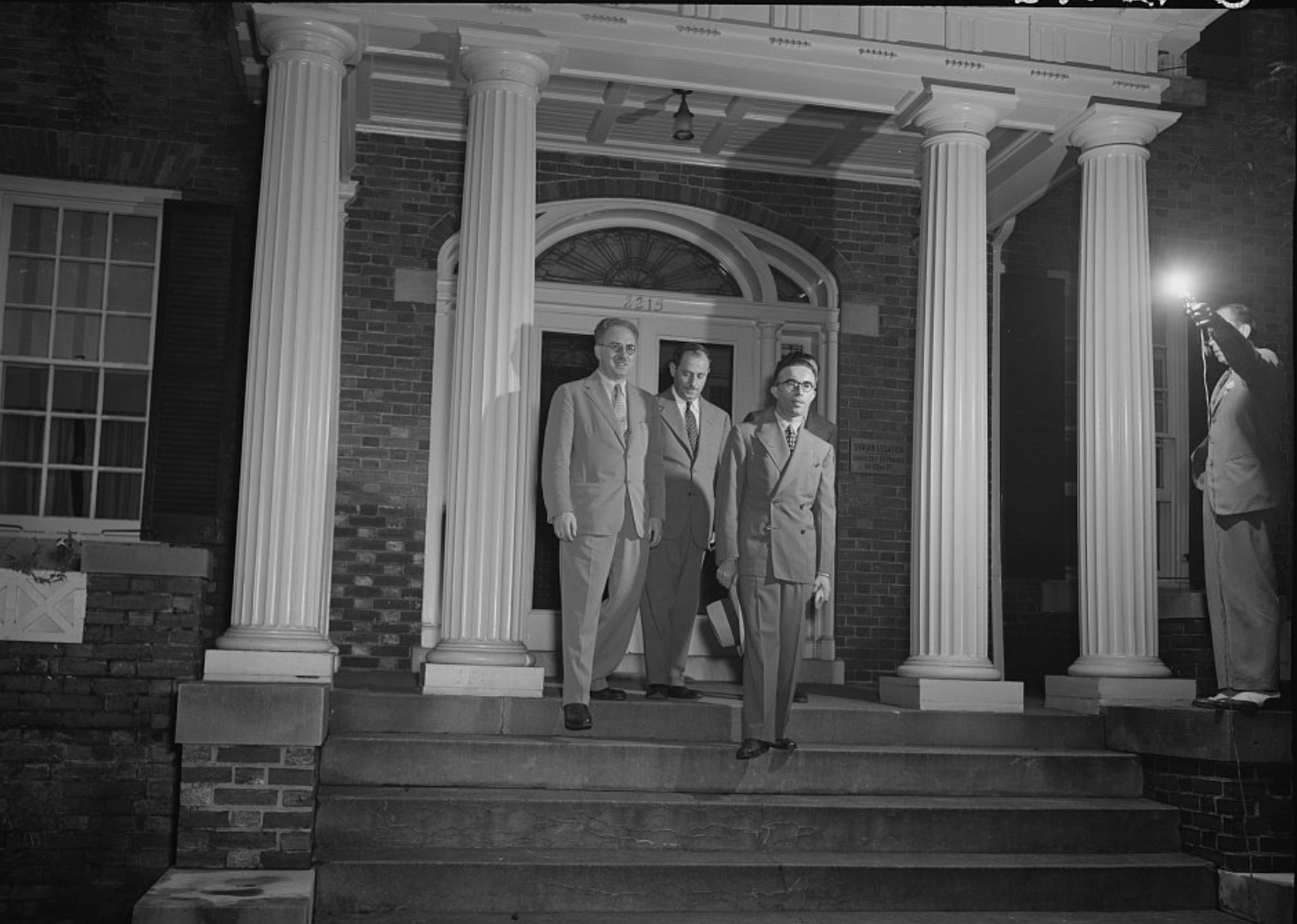 Photo from the newly established Syrian Embassy in Washington in 1945. Ambassador Nazem al-Koudsi seen with some team members. Photo courtesy of the Presidential Library of Nazem al-Koudsi.