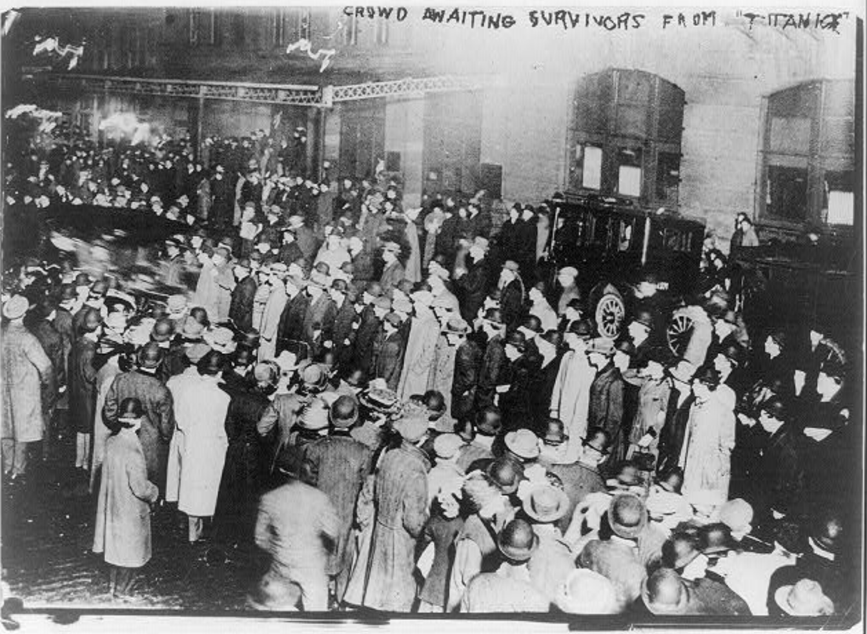 Crowd awaits word of survivors aboard the Carpathia. Photo courtesy the Library of Congress.