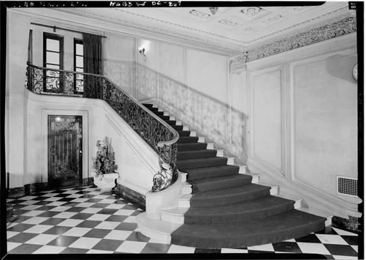 The grand stairway hall in the Moore home. Photo courtesy the Library of Congress.